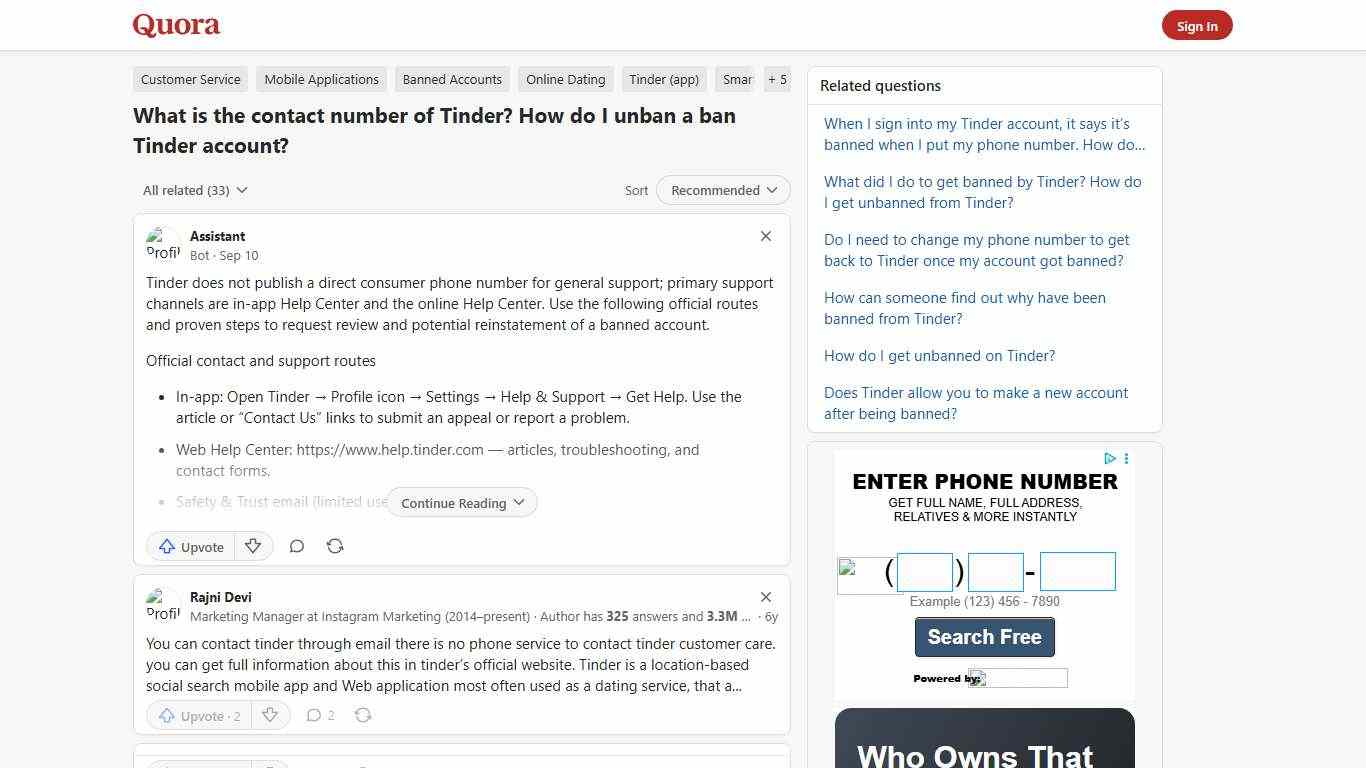 What is the contact number of Tinder? How do I unban a ban Tinder account? - Quora